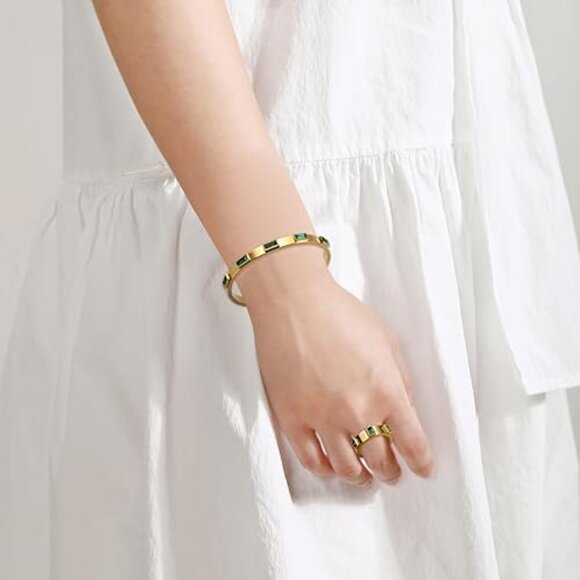 Neiman Marcus 18K Gold Plated Green Emerald Birthstone Bangle Bracelet - Picture 1 of 5